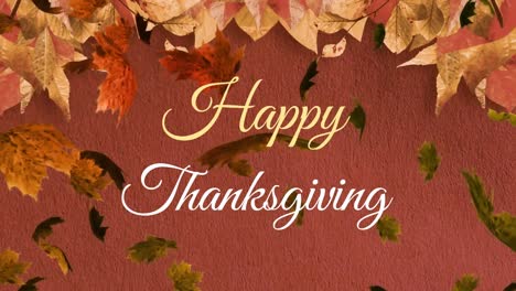 Animation-of-happy-thanksgiving-text-banner-and-autumn-leaves-floating-against-brown-background