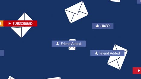 Animation-of-social-media-icons-with-texts-over-envelopes-on-blue-background