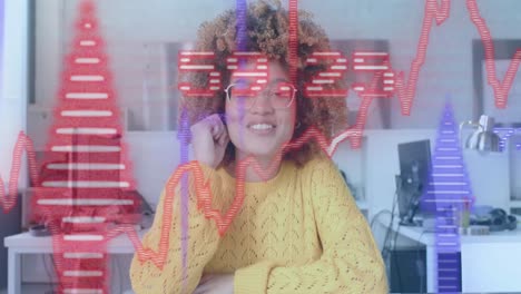 Blue-and-red-graphs-and-arrows-over-biracial-casual-businesswomen-having-video-call-in-office