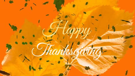 Animation-of-happy-thanksgiving-text-banner-over-autumn-leaves-against-orange-background