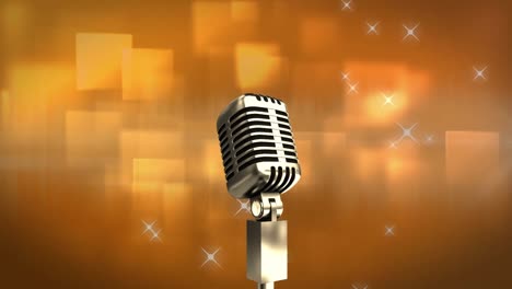 Animation-of-microphone-over-shining-stars-and-square-shapes-against-orange-background