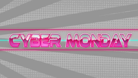 Animation-of-cyber-monday-text-banner-over-radial-rays-in-seamless-pattern-on-grey-background