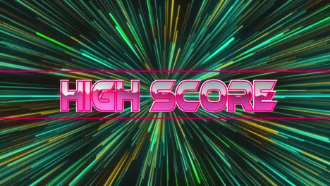 Animation-of-high-score-text-banner-over-green-light-trails-in-seamless-pattern-on-black-background