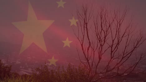 Animation-Der-Flagge-Chinas-über-Dem-Stadtbild