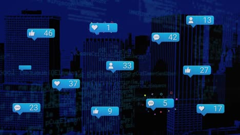 Animation-of-social-media-icons-with-growing-number-over-data-processing-and-cityscape