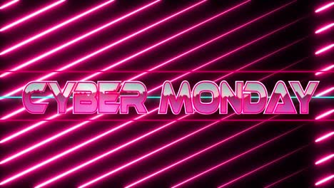 Animation-of-cyber-monday-text-banner-over-neon-pink-light-trails-in-seamless-pattern