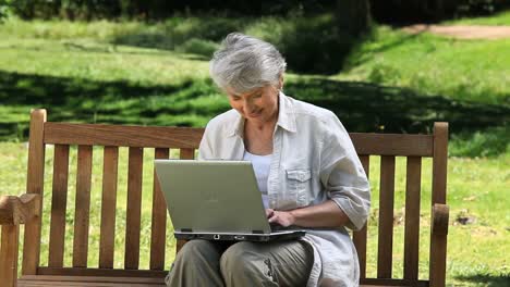Alte-Frau-Schaut-Auf-Einen-Laptop,-Der-Auf-Einer-Bank-Sitzt