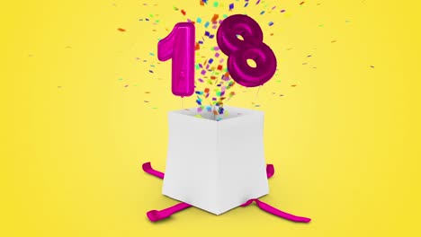 Birthday-gift-exploding-with-confetti-and-balloon-eighteen-against-yellow-background