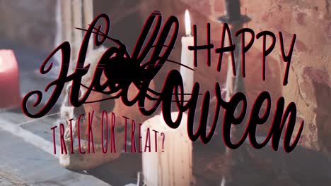 Animation-of-happy-halloween-text-over-candles-and-skull-on-brick-wall-background