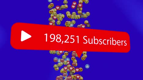Animation-of-substribers-growing-number-with-emoji-icons-on-blue-background