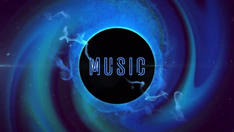 Animation-of-blue-light-swirl-and-smoke-over-music-text-on-black-background