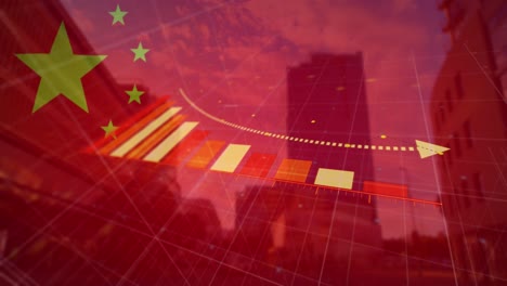 Animation-Der-Finanzdatenverarbeitung,-Flagge-Chinas-über-Dem-Stadtbild