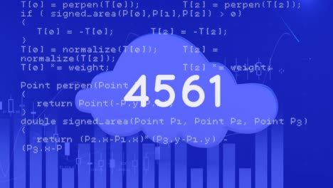 Animation-of-data-processing-and-cloud-with-numbers-on-blue-background