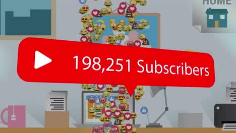 Animation-of-subscribers-growing-number-with-emoji-icons-over-office