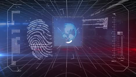 Animation-of-data-processing-and-fingerprint-on-blue-background