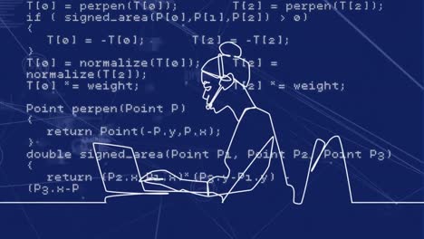 Animation-of-data-processing-and-woman-using-laptop-on-blue-background