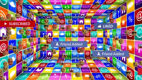Animation-of-social-media-text-with-emoji-icons-over-colourful-squares-with-social-media-icons