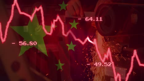 Animation-Der-Finanzdatenverarbeitung,-Flagge-Chinas-über-Der-Fabrik