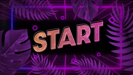 Animation-of-start-text-in-orange-and-pink-with-neon-frame-and-purple-leaves-on-black