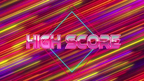 Animation-of-high-score-text-over-neon-banner-against-colorful-light-trails-in-seamless-pattern