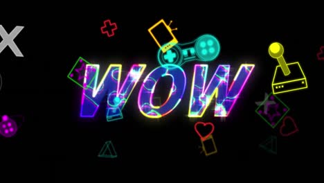 Animation-Von-Wow-Textbannern-Und-Neonfarbenen-Videospiel-Controller-Symbolen-Vor-Schwarzem-Hintergrund