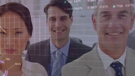 Animation-of-stock-market-data-processing-over-portrait-of-diverse-businesspeople-smiling-at-office