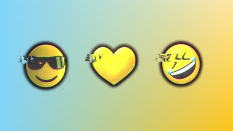 Animation-Von-Interferenzen-über-Emoji-Symbolen-Auf-Blauem-Und-Gelbem-Hintergrund