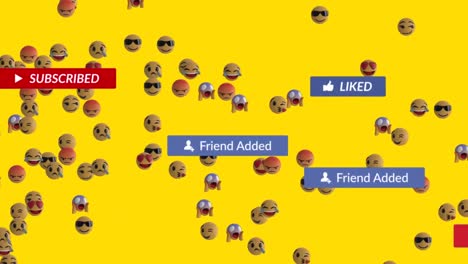 Animation-of-social-media-texts-with-emoji-icons-on-yellow-background