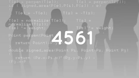 Animation-of-data-processing-and-numbers-with-people-silhouettes-on-grey-background