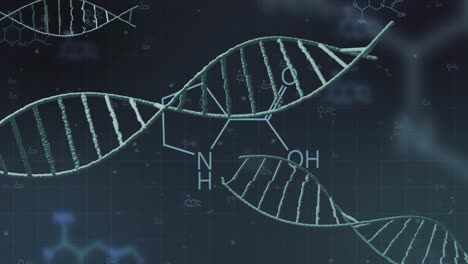 Rotierende-DNA-Stränge-über-Elementstrukturen-Auf-Schwarzem-Hintergrund