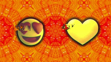 Animation-Der-Interferenz-über-Emoji-Symbole-über-Formen-Auf-Orangefarbenem-Hintergrund