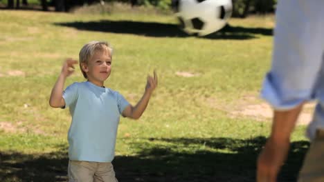 Papa-Und-Sein-Sohn-Spielen-Mit-Einem-Fußball