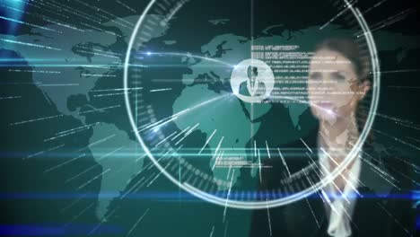 Businesswoman-touching-futuristic-interface-with-international-map-on-background