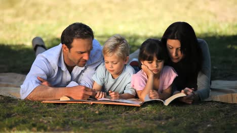Familia-Mirando-Libros-Y-Disfrutando-Del-Buen-Tiempo