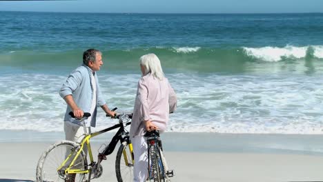 Älteres-Paar-Mit-Fahrrädern,-Das-Miteinander-Redet