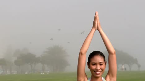 Lächelnde-Sportliche-Frau,-Die-Yoga-Macht