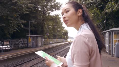 Businesswoman-using-tablet-on-train-platform