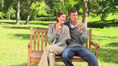 Young-couple-eating-icecream-on-a-bench