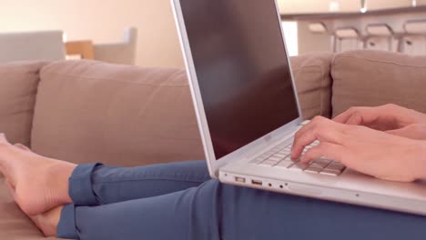 Mujer-Embarazada-En-El-Sofá-Usando-La-Computadora-Portátil