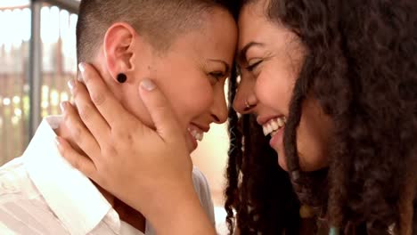 Glückliches-Lesbisches-Paar,-Das-Von-Angesicht-Zu-Angesicht-Lächelt
