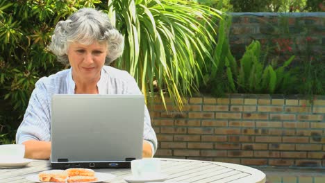 Frau-Arbeitet-An-Ihrem-Laptop-Im-Garten