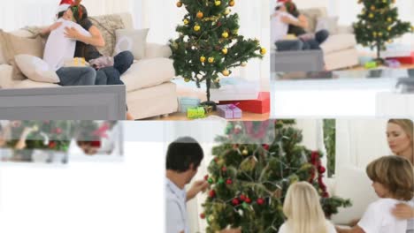 Montage-Von-Kindern,-Die-Den-Weihnachtsbaum-Schmücken