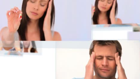 Montage-Verschiedener-Menschen-Mit-Kopfschmerzen