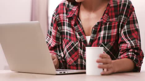Midsection-of-a-woman-using-laptop-while-drinking-coffee