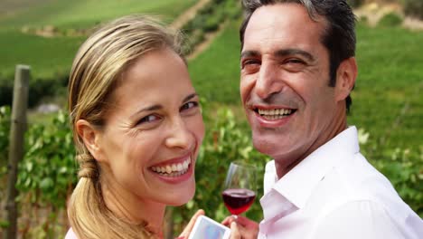 Porträt-Eines-Glücklichen-Paares,-Das-Lächelt,-Während-Es-Ein-Glas-Rotwein-Auf-Dem-Feld-Trinkt