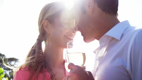 Happy-couple-romancing-while-having-a-glass-of-wine-in-field