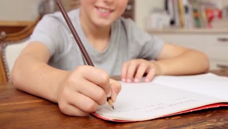 Niño-Sonriente-Escribiendo-En-Un-Cuaderno