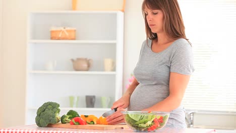 Schwangere-Frau-Bereitet-Gemüse-Zu