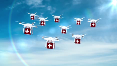 Digitales-Bild-Von-Drohnen,-Die-Medikamentenboxen-Halten-Und-Fliegen