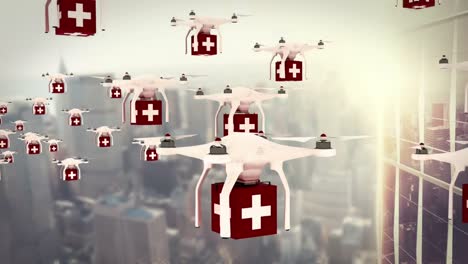 Digital-image-of-drones-holding-medicine-boxes-and-flying